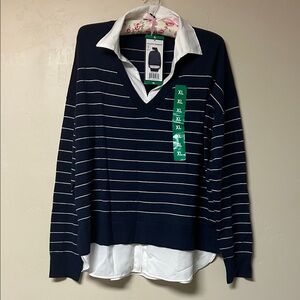 Hilary Radley Navy and White Striped V-Neck Sweater with Shirt Collar